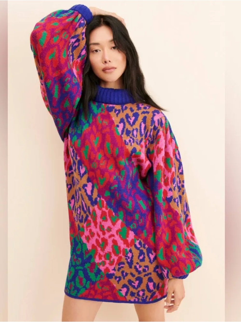 FARM Rio Mixed Leopard Pop Long Sleeve Sweater Dress